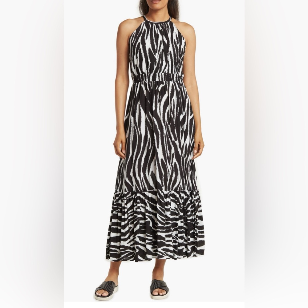 Calvin Klein Ray Challis zebra print halter maxi dress. Black/white size 10.